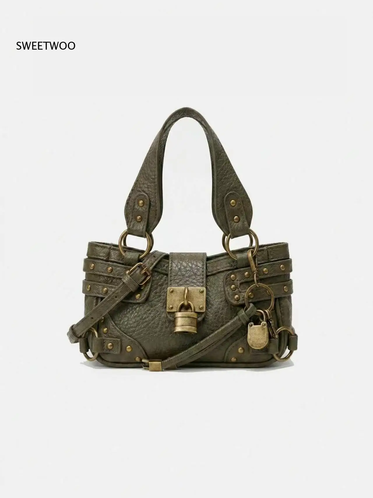 Women Vintage Lock Decoration Rivet Shoulder Bag Y2K Retro Distressed Pu Leather Small Baguette Crossbody Handbag