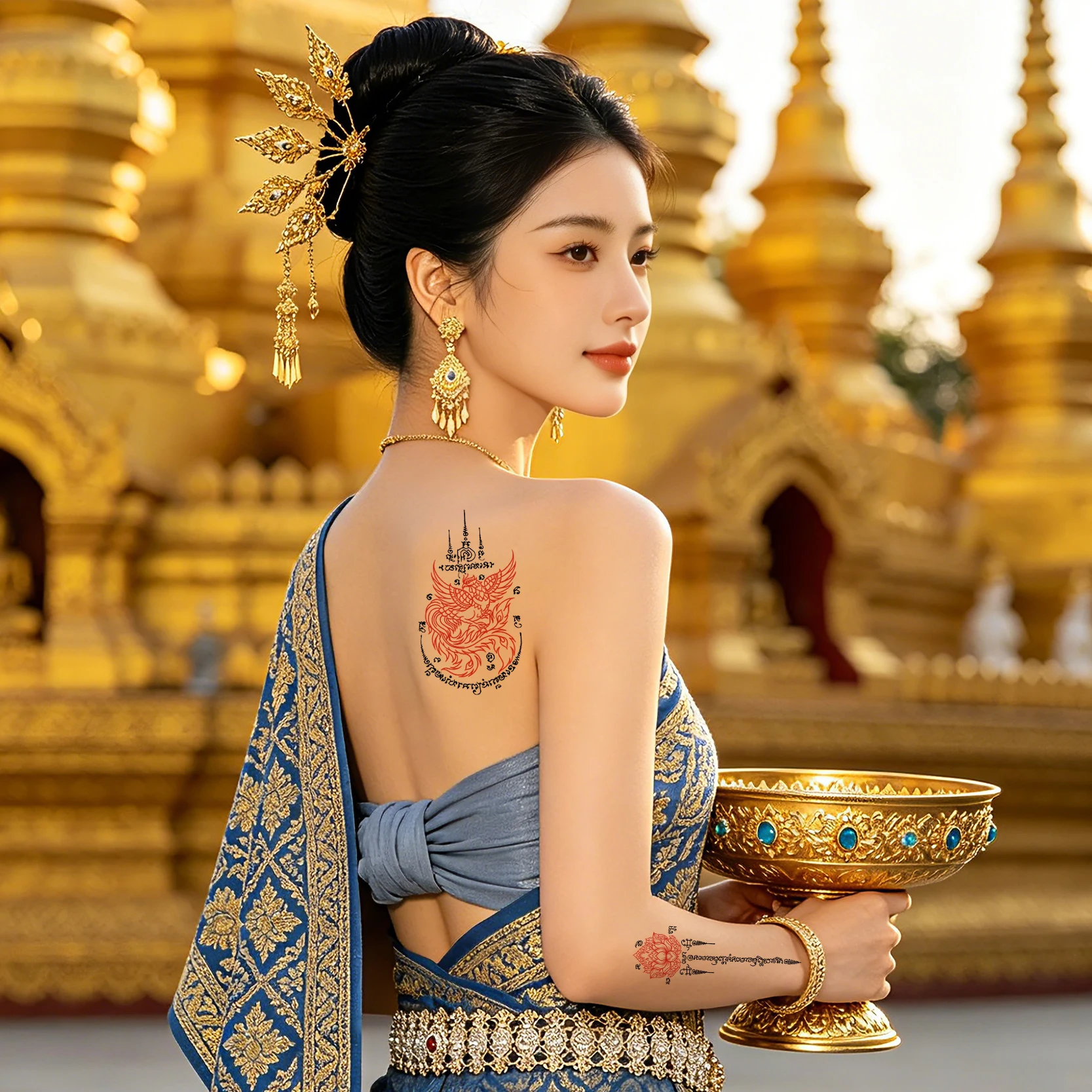 1 Sheet Matte Waterproof Non-Reflective Colorful Lotus Totem Sleeve Temporary Tattoo, Thai Fake Tattoos for Beach Party image 3