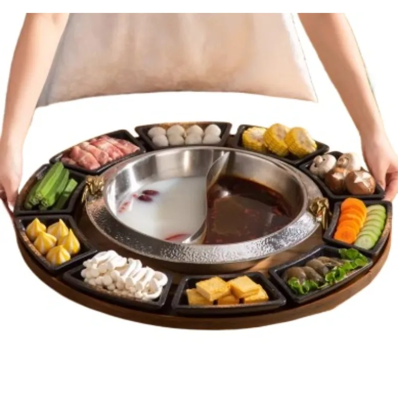 Hot pot ring barbecue, rotatable, bamboo and wood large disc, fireplace tableware set
