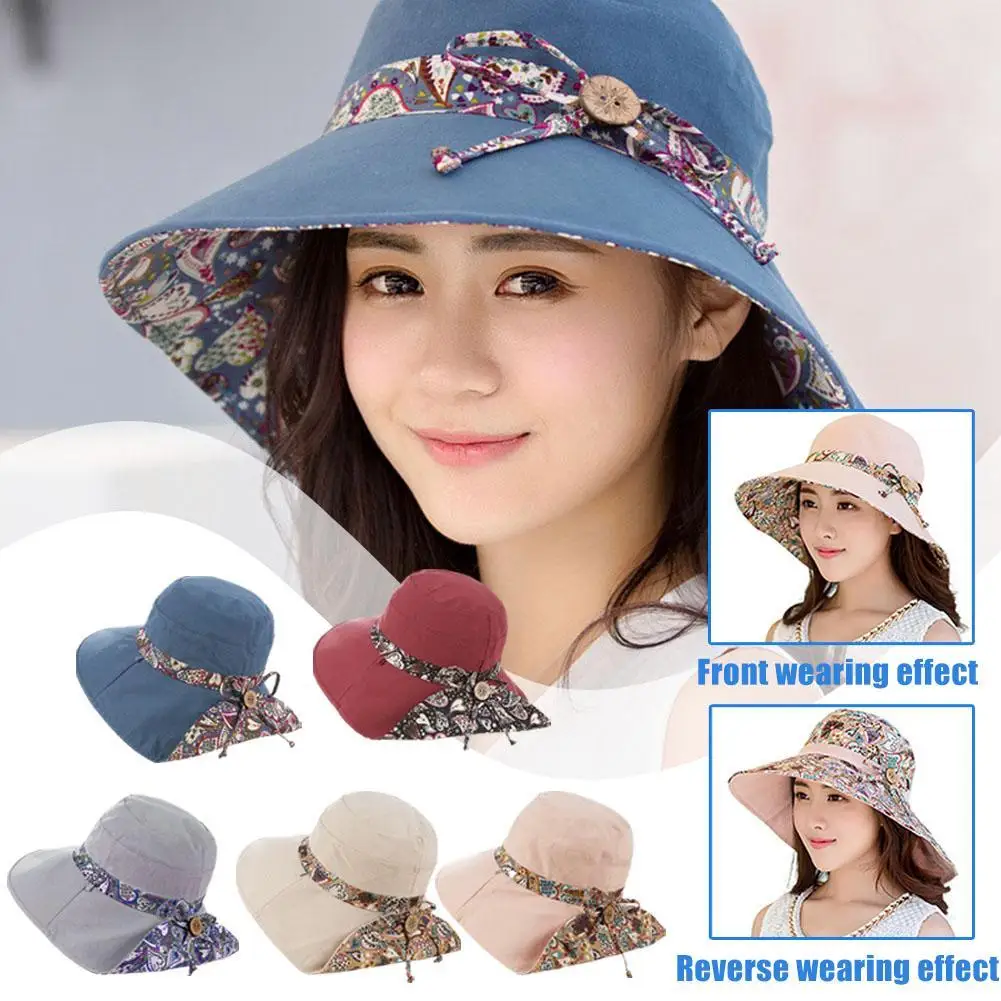 

Double Sided Wide Brimmed Sun Hat Summer Ladies Sun Protection Travel Hat Portable Foldable Fashion Print Butterfly Beach Cap