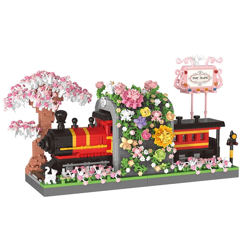 

Train Crossing Cherry Blossom Tunnel Block Bookstand DIY Micro Building Brick Toy Christmas Desk Decor For Kids Girls