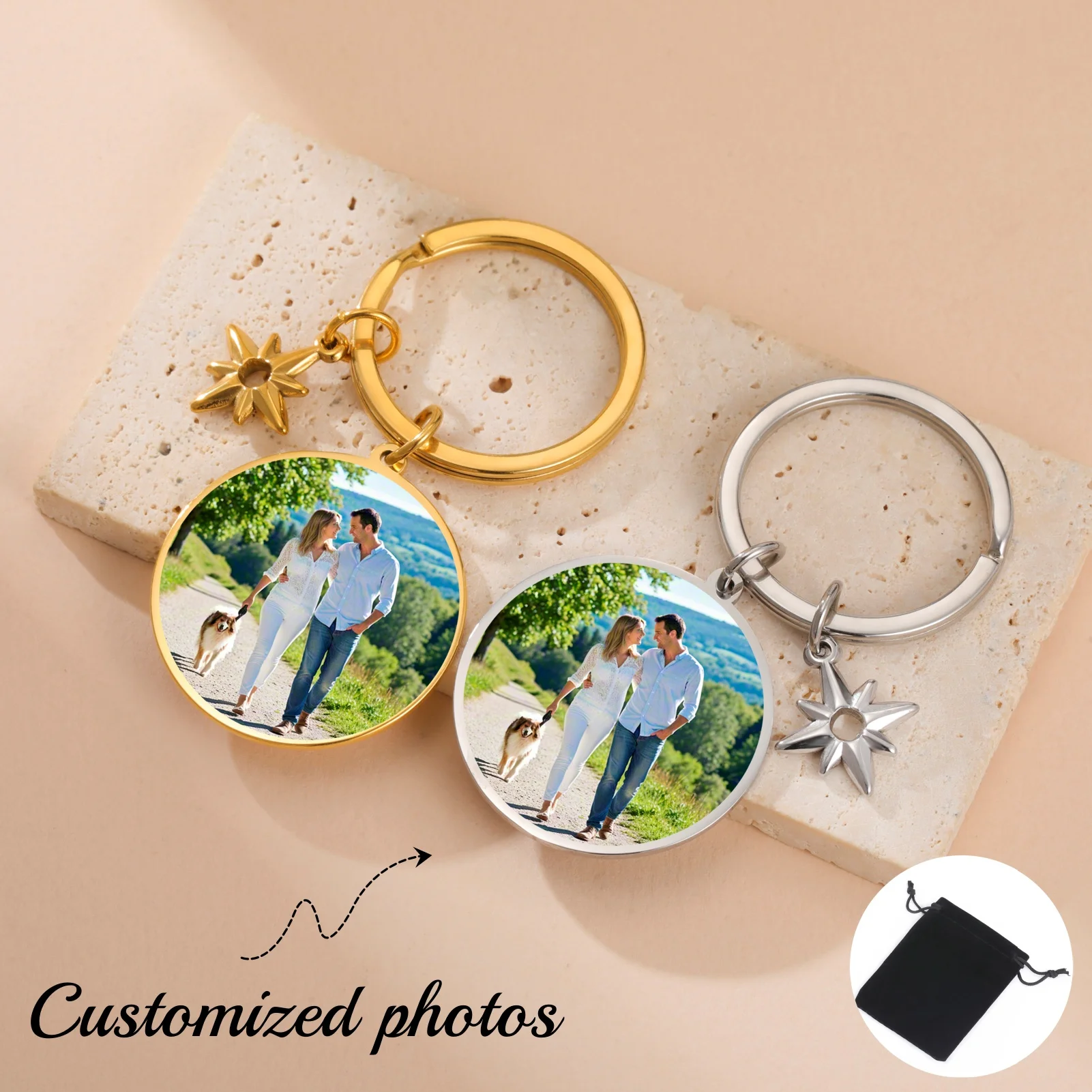 Customized Photo Star Circular Keychain Stainless Steel Personalized Couple Customized Photo Keychain Lucky Jewelry Gift