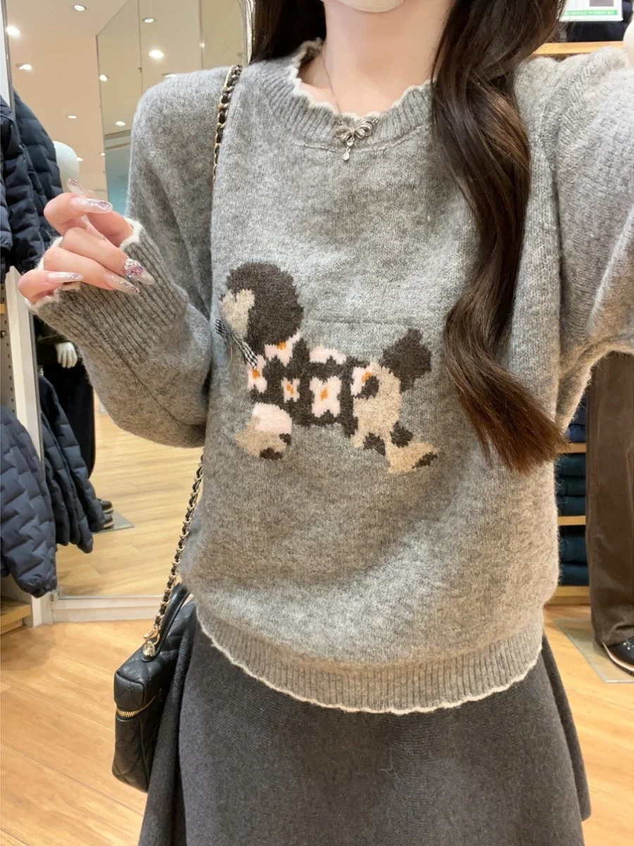 

Sweet Anti-Aging round Ne Knitted Woolen Sweater Women's Overhead Sle with Wood ain Ruffle Design ey Autumn Winter Top