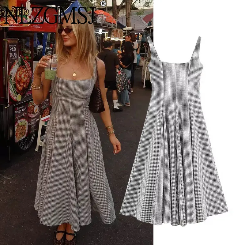 Nlzgmsj 2026 Lässiges Schickes Kariertes Damenkleid mit Quadratischem Ausschnitt, Midi-Kleid, Modisches Frühling-Sommer Elegantes Partykleid