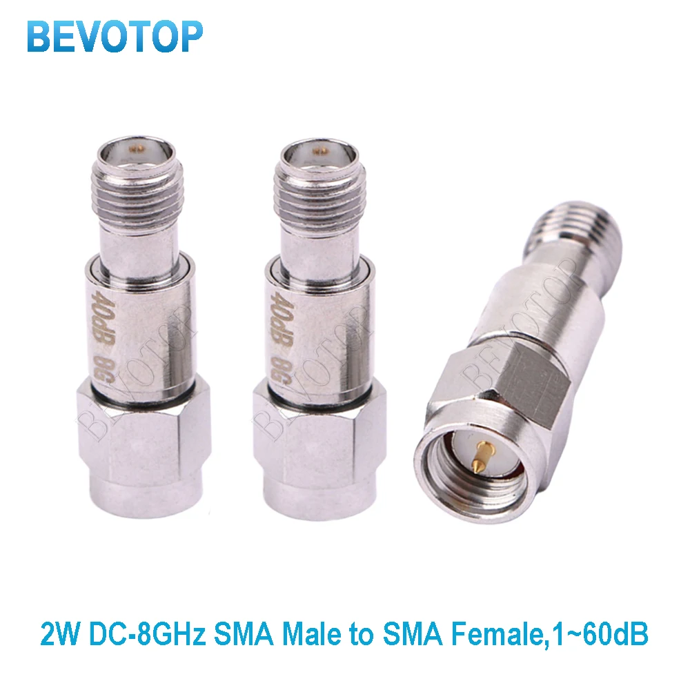 BEVOTOP 2W DC-8GHz SMA Male to SMA Female Coaxial RF Attenuator 1~60dB SMA Fixed Connectors 50 Ohm 304 Steel