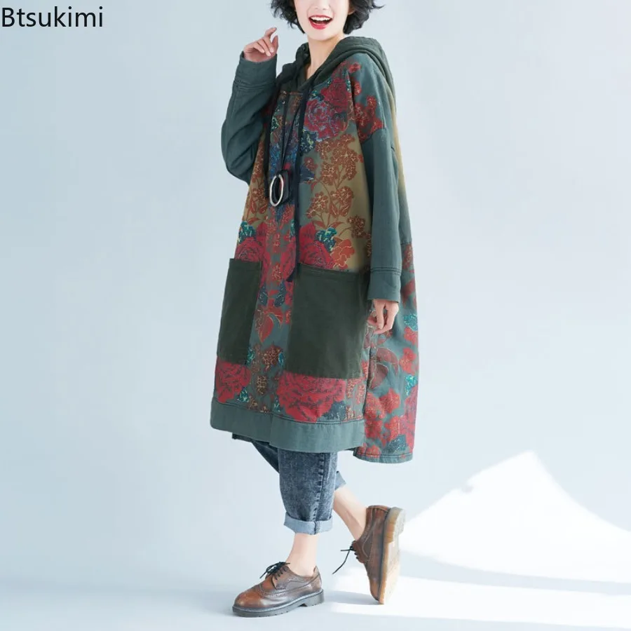 Ethnic Style Women's Mid-length Hoodies Vintage Print Loose Casual Dress Spring Autumn Big Size Women Clothes Hooded Sweatshirts