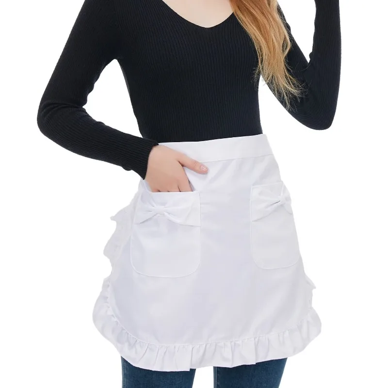 Blue Plaid Bow Pocket Short Apron Cute Ruffled Maid Apron Kitchen Cooking Apron