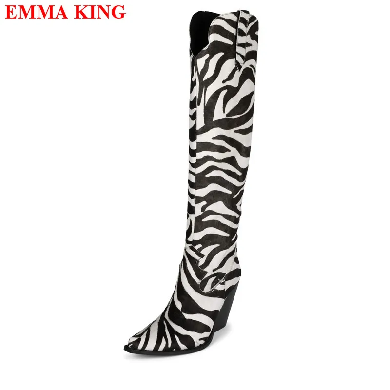 Stivali al ginocchio da donna autunno Zebra per donna cunei con tacco grosso stivali da Cowboy occidentali inverno autunno a punta lunga Botas Mujer