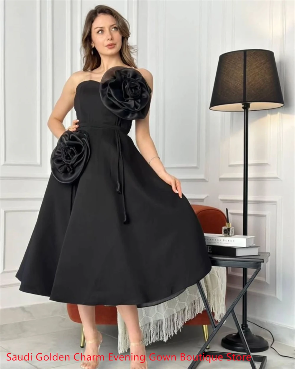 Robe de soirée en mousseline de soie bleue, personnalisée, élégante, gracieuse, tempérament, sans bretelles, ceinture (faies), fleurs, Homecomin