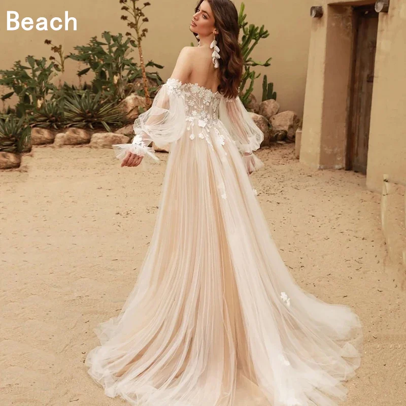 Beach Elegant A-Line Wedding Dress Sweetheart Puffy Long Sleeves Lace Appliques Backless Tulle Bridal Gown Vestidos De Novia New