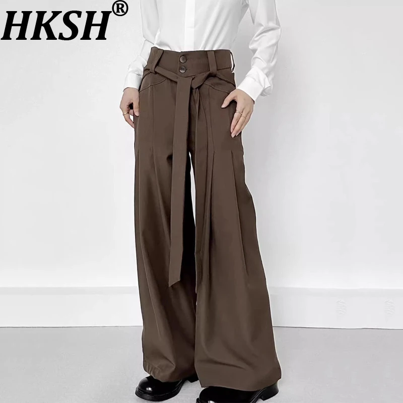 

HKSH Spring Autumn New Men's Yamamoto High-End Design Sense Casual Suit-Pants Fashion Ribbon Button Pleated Wide Leg Ins HK16520
