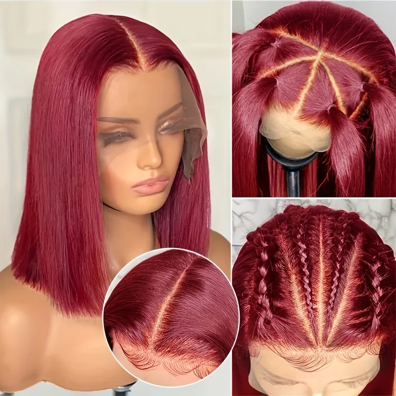 200% Density 13x4 Lace Front Human Hair Wigs 99J Colored Glueless HD Transparent Burgundy straight Lace Frontal Wig
