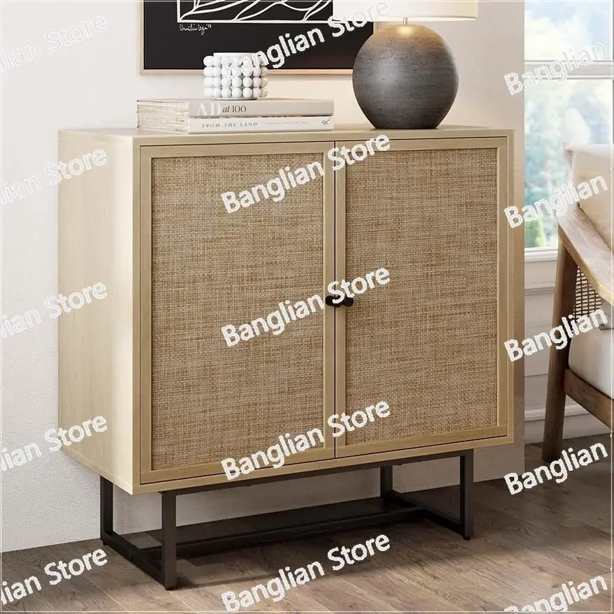 Nathan James Kova Accent Natural Storage Cabinet Sideboard Wood and Rattan with Matte Metal Frame, Adjustable Interior Shelves