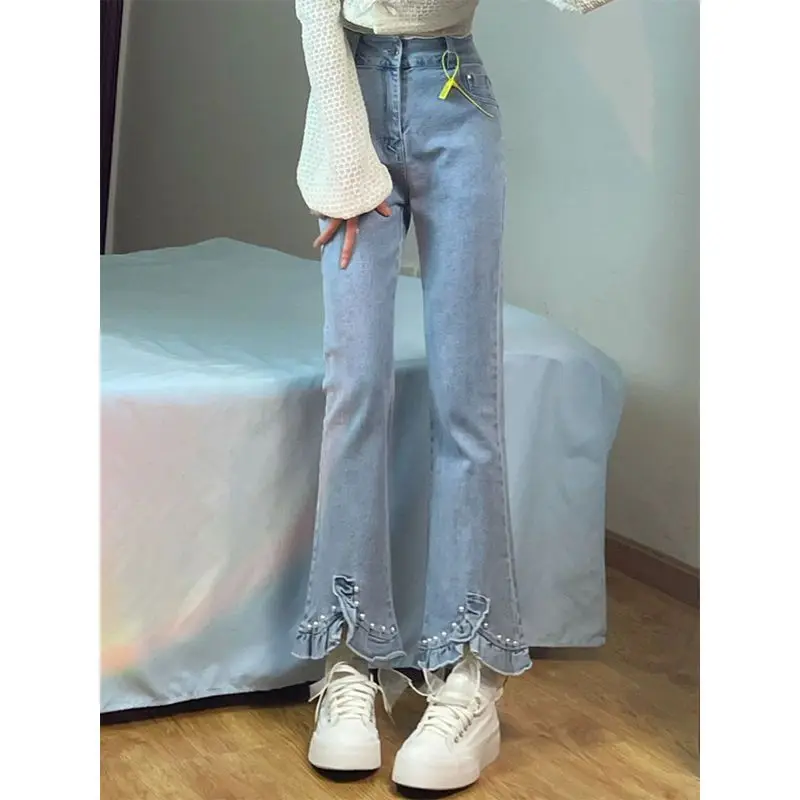 Women Autumn Simplicity Diamonds Solid Color High Waist Appear Thin Flare Women Clothes Fashion All-match Jeans Cropped Pants