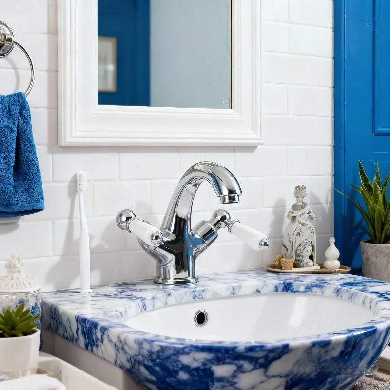 Classic Chrome Finish Brass Faucet Dual Handle Single Hole Basin Mixer Taps for Bathroom Optional Ceramic Handle Cross Handle