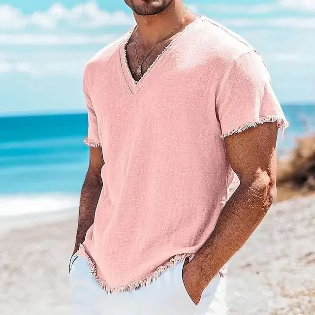 Herren Sommerhemd, Retro V-Ausschnitt Baumwolle-Leinen-Hemd, Hawaii Casual Kurzarm Strandhemd, Outdoor-Urlaubshemd – Detail 6