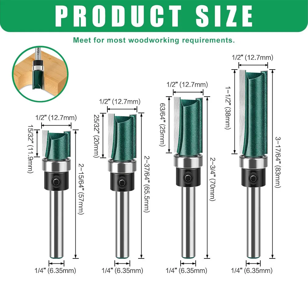 Green Coated Flush Trim Router Bit Set 4PCS With Bearing Woodworking Milling Cutter Tool Parts For Wood Trimming fresas para mad