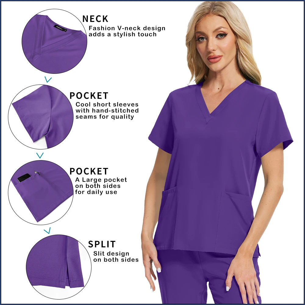 Ensemble de gommage d'infirmière à manches courtes et col en v, uniforme médical pour femmes, uniforme de chirurgie, vêtements de travail pour médecins, vêtements de travail dentaires, costume de beauté, été