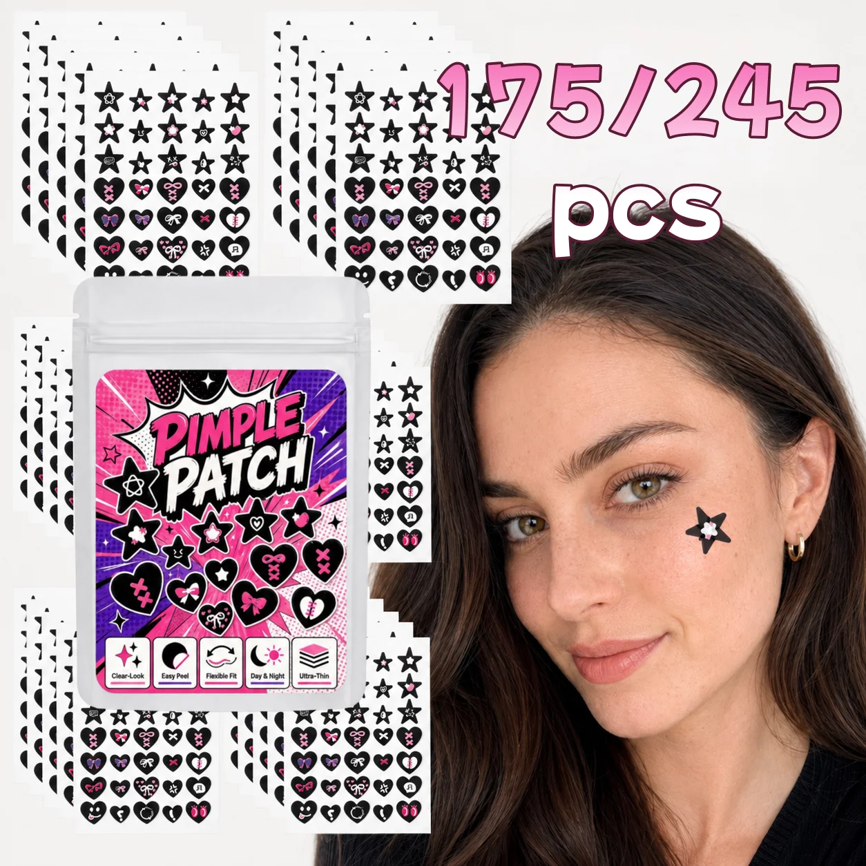 175/245pcs Black Star & Heart Pimple Patches, Lightweight, Skin-Friendly, Comfortable Fit, Easy to Wear, Daily Use