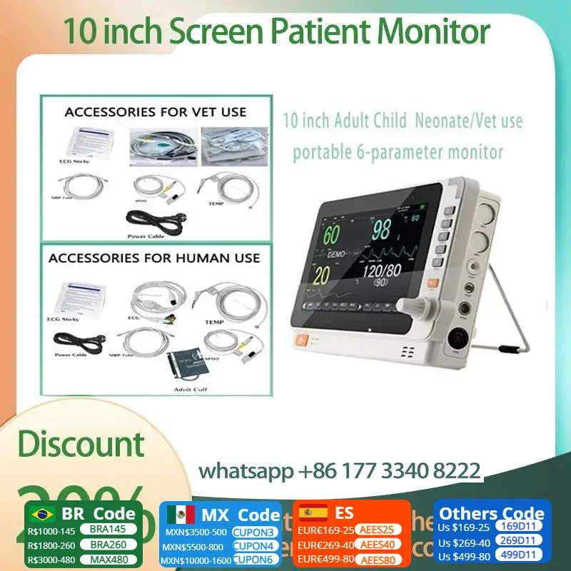 

10 inch Adult Child Neonate/Vet use portable 6-parameter monitor ECG/NIBP/PR/SPO2/RESP/TEMP patient monitor vital signs monitor