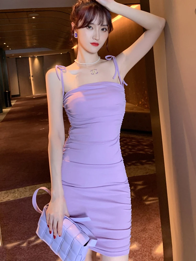 Summer Sexy Dress Women Purple Solid Strap Sleeveless Slip Folds Bodycon Skinny Elasticity Soft Femme Mini Gown Holiday Vestido