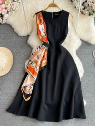 2024 Retro Sleeveless Elegant Black Print Slim Long Dress Formal Party