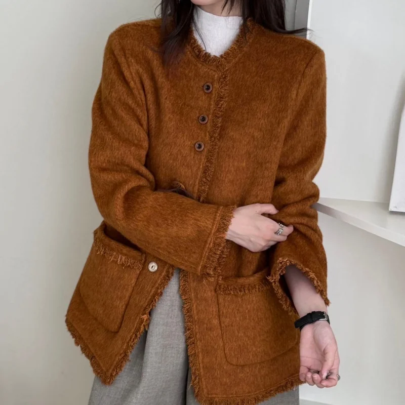Women's Wool Blend Coat O‑Neck Fringe Trim Jacket Long Sleeve Loose Casual Short Outerwear