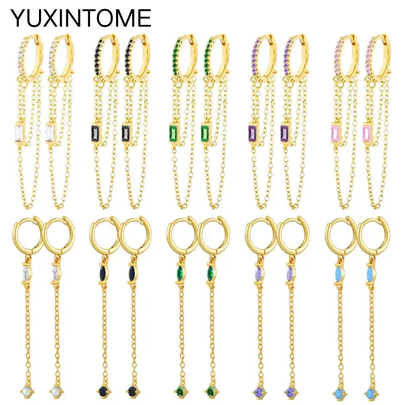 

Long Chain Tassel Pendant Earrings 925 Sterling Silver Ear Needle Luxury Colorful Crystal Hoop Earrings For Women Fine Jewelry