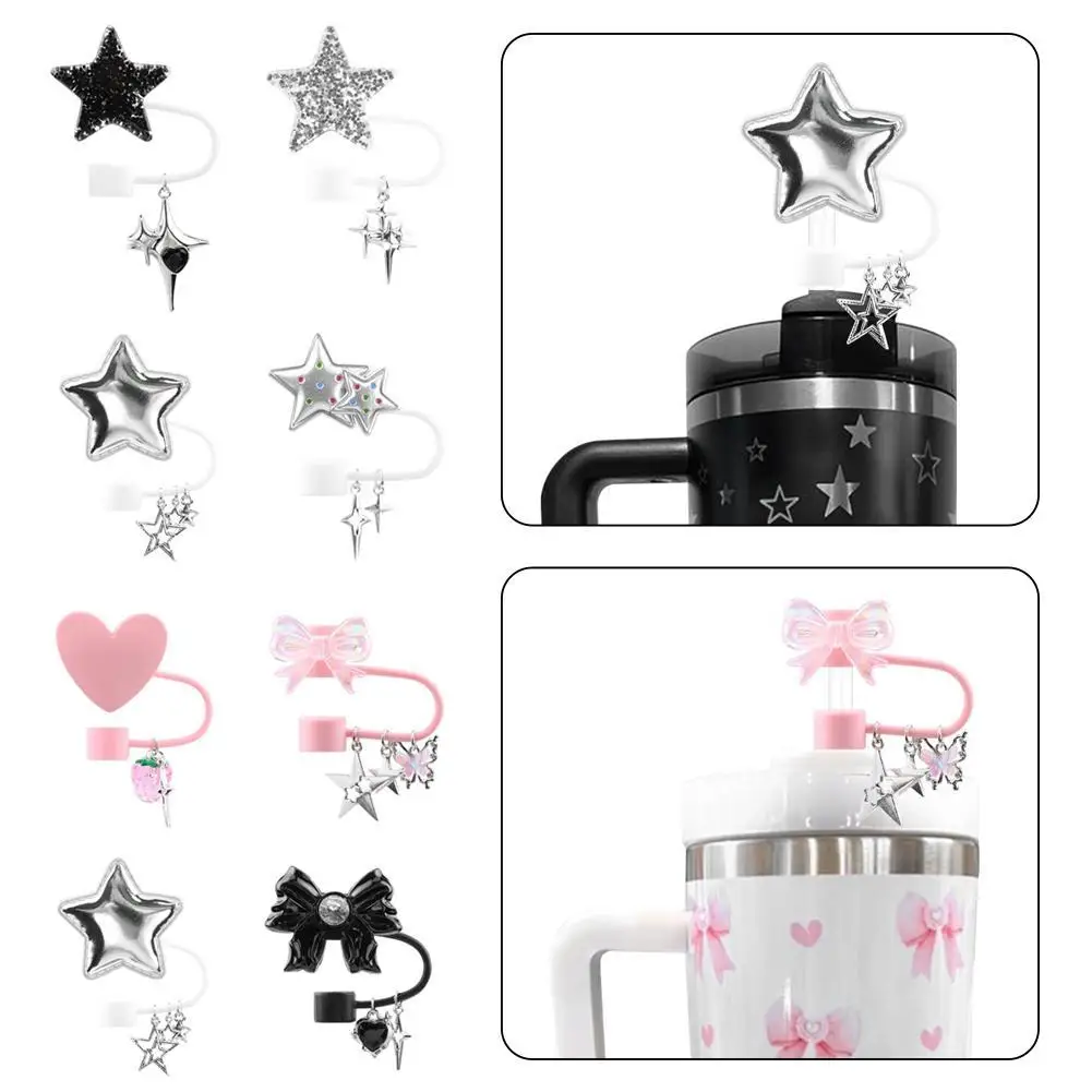 1SET Bling Sparkling Stars Hearts Straw Covers Caps For Stanely Cup Accessories Reusable Shining Love Silicone Straw Topper For