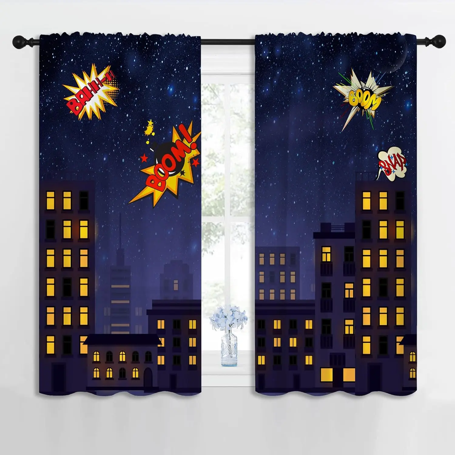 Super Hero Rod Pocket Blackout Curtains for Boy Girl Bedroom, Exploding City StarryCartoon Skyline Thermal Insulated Home Window