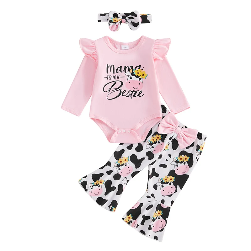 

Baby Girls Fall Outfit Long Sleeve Letters Print Romper with Cow Flare Pants and Headband Clothing Set