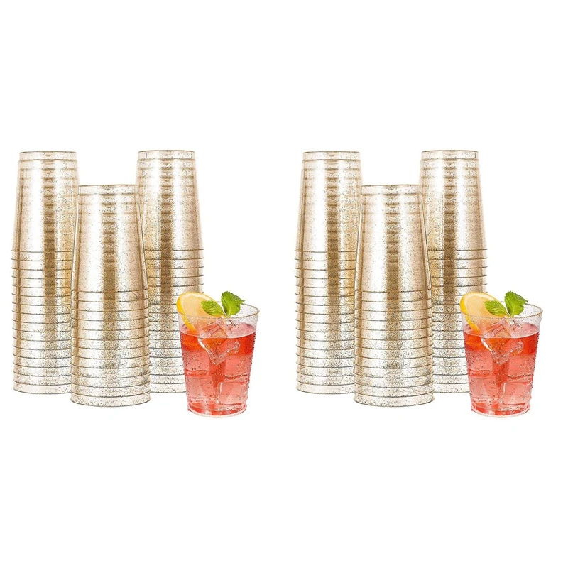 

100X Clear Plastic Cups, Gold Glitter Plastic Tumblers Reusable Drink Cups Party Wine Glasses