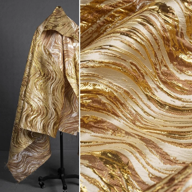 

Golden Brocade Jacquard Fabric Water Wave Pattern Traditional Chinese Style Clothing Cloth Apparel Sewing Accessories By Meters