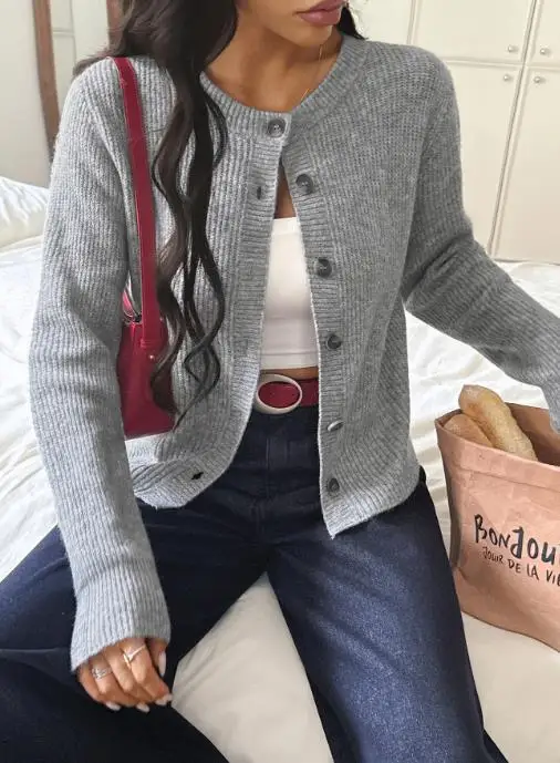 

Y2K популярный однотонный свитер с длинными рукавами на пуговицах для девочек, осень/зима, однотонное вязаное пальто с круглым вырезом на талии и пуговицами для похудения