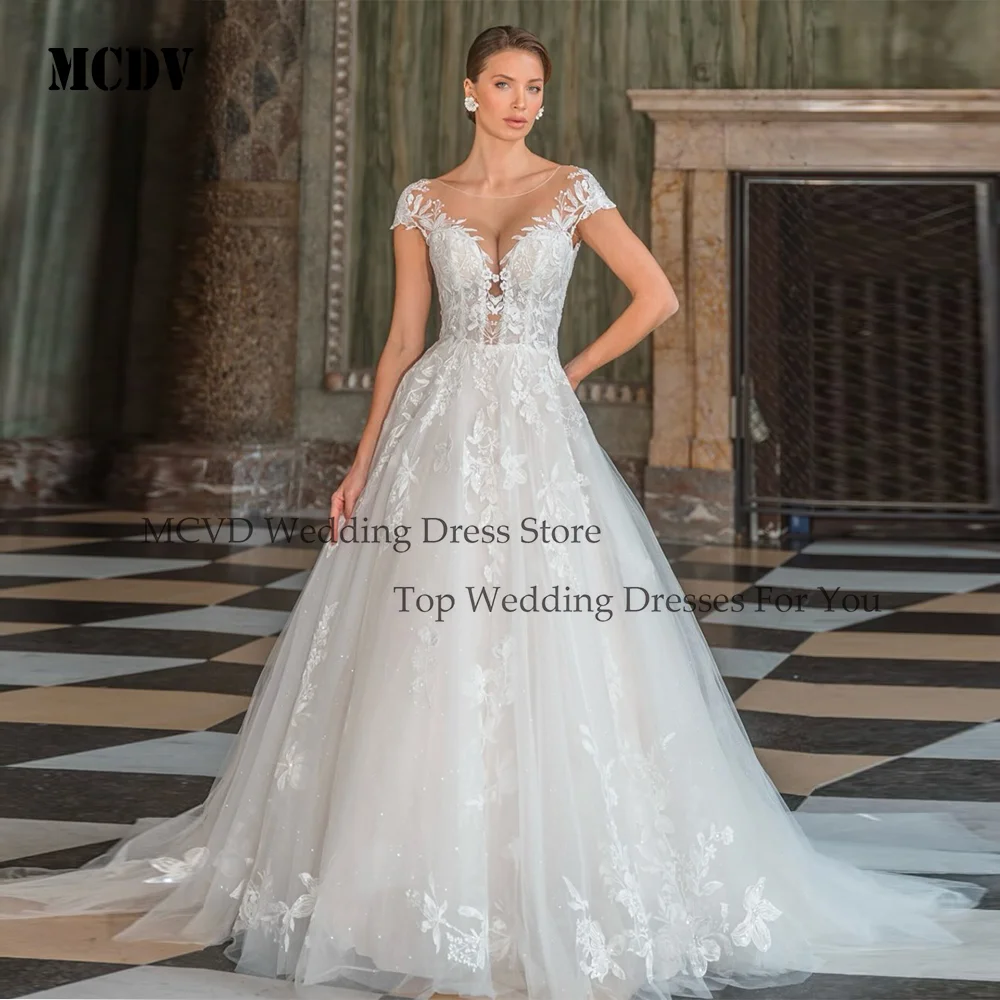 

MCDV Boho Backless Wedding Dresses For Woman Bride Scoop Neck Tulle Appliques A-Line Short Sleeve Vestidos De Noiva Customized