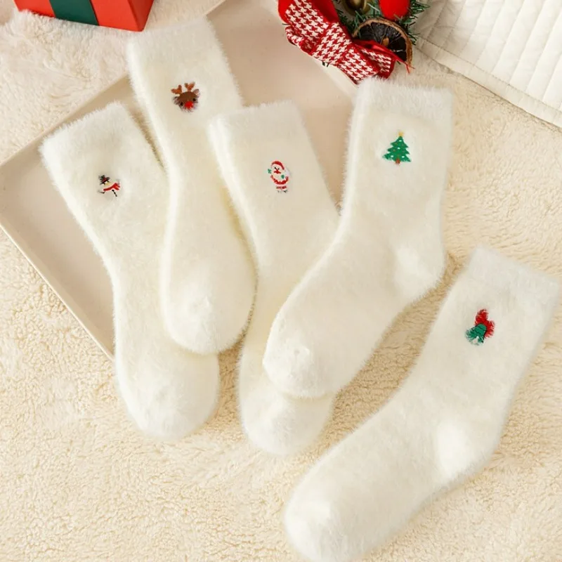 5 أزواج من فراء المنك الأبيض الجوارب الناعمة الدافئة الشتاء الجوارب النساء عيد الميلاد سانتا الرنة ثلج دافئ غامض أفخم التمهيد المنزل Sockings #2