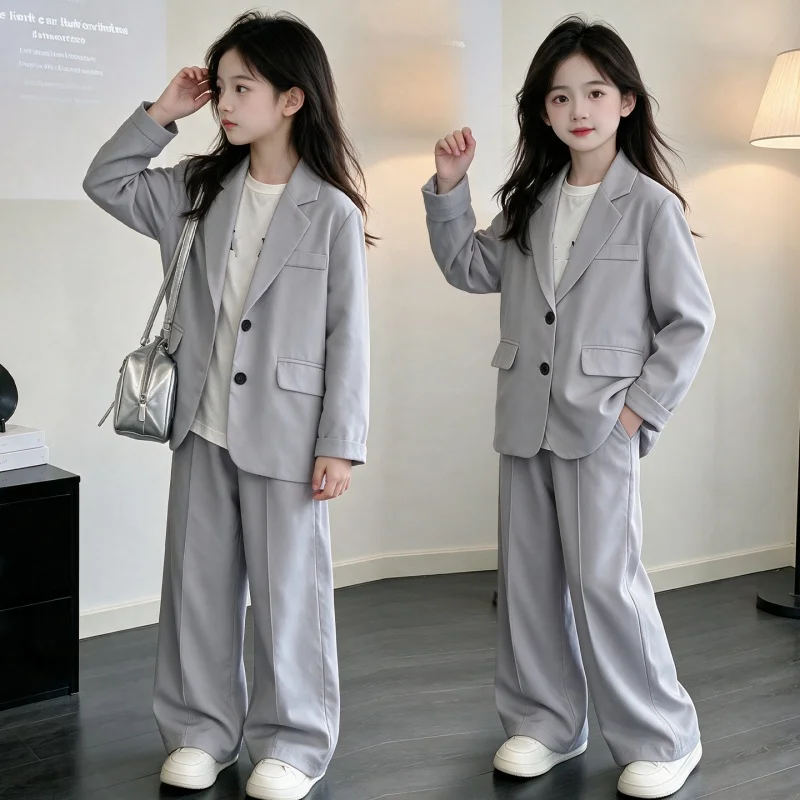 Girls Fashion 2 Piece Suit Set, Gray Notched Lapel Blazer + Wide Leg Trousers, Loose Formal Outfit