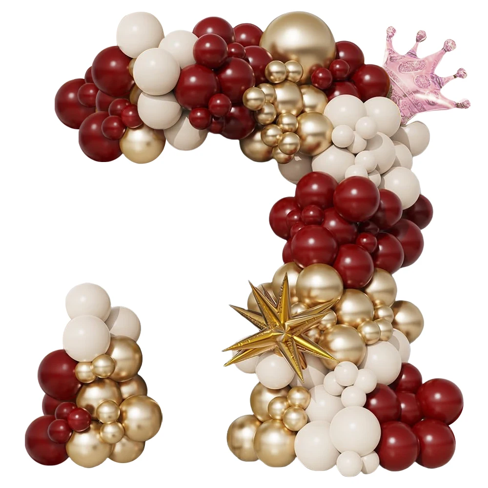 105pcs Burgundy Wedding Themed Balloon Arch Kit, White Burgundy and Gold Balloons with Crown Foil Balloons, Suitable for Wedding - view 3