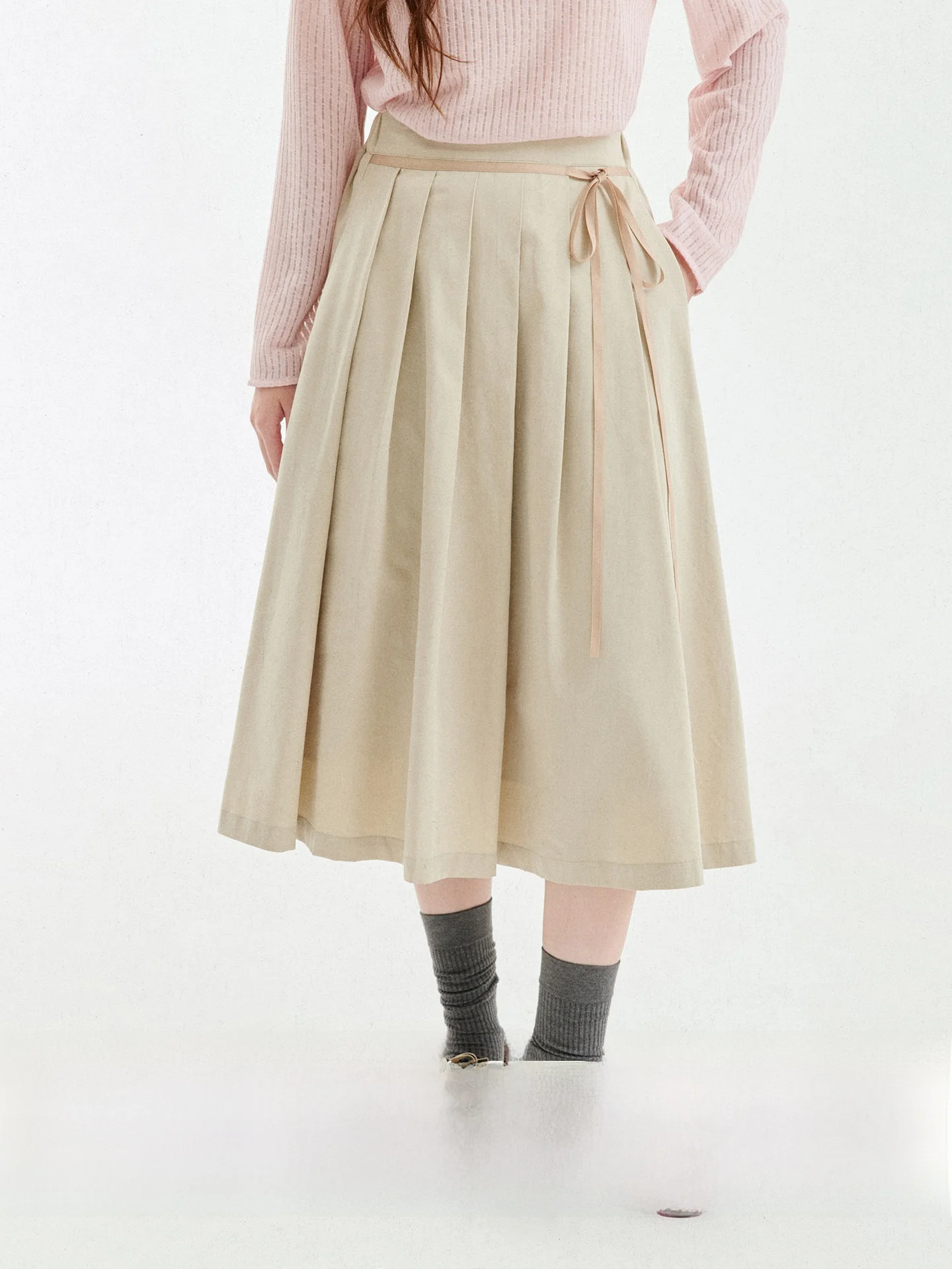 AMUU Original Color Block Belted Ruffle A-Line  Skirt Women's Autumn New Style High Waist Cotton Lyocell Blend Commute Fr...