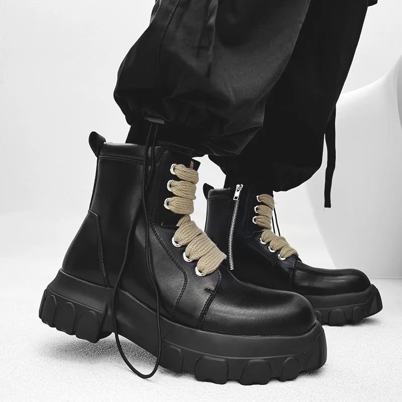 Thick Soled Men Boots Fashion Street Style Lace Up Modern Boots Platform Breathable Male Leather Short Motorcycle Boots Black image 2
