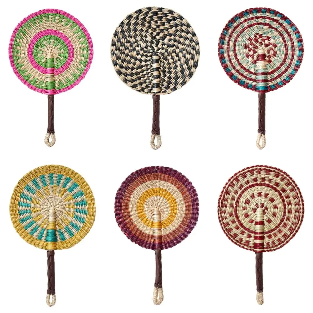 

Colorful Striped Patterns Seagrass Woven Fan Bohemian Vintage Cattail Fan Portable Natural Summer Cooling Fan Home Decoration