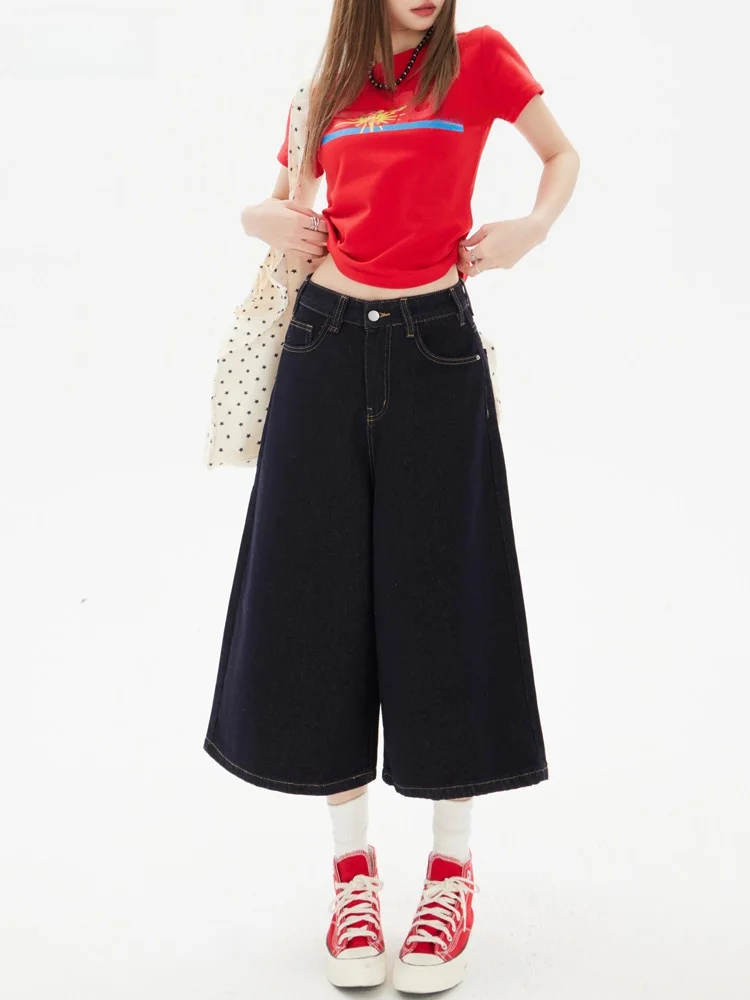 

Deep Blue Seven-Foot Women's Jeans Straight Loose Lazy Style Wide Leg Pants High Waist Zipper Closure Four Seasons Casual