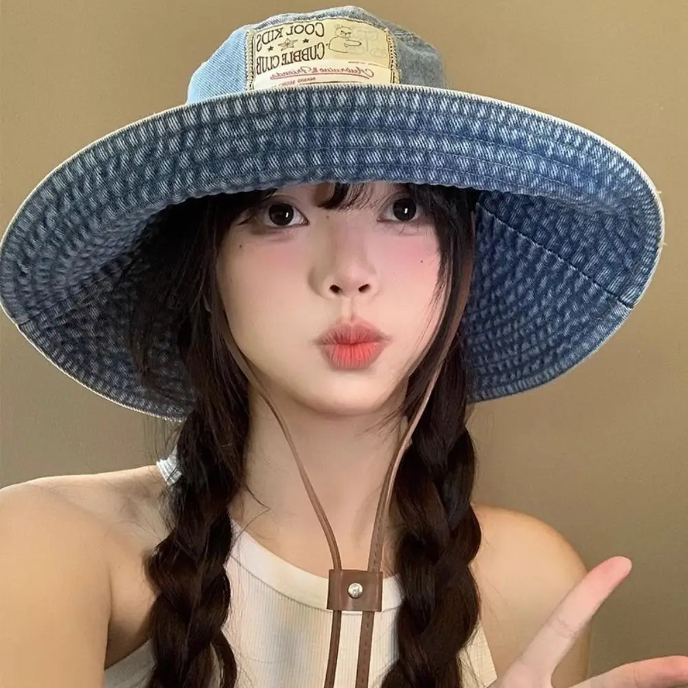 

Fashion Big Brimmed Denim Bucket Hat Sunscreen UV Protection Jeans Fisherman Hat Korean Style Visor Sunscreen Hat Women