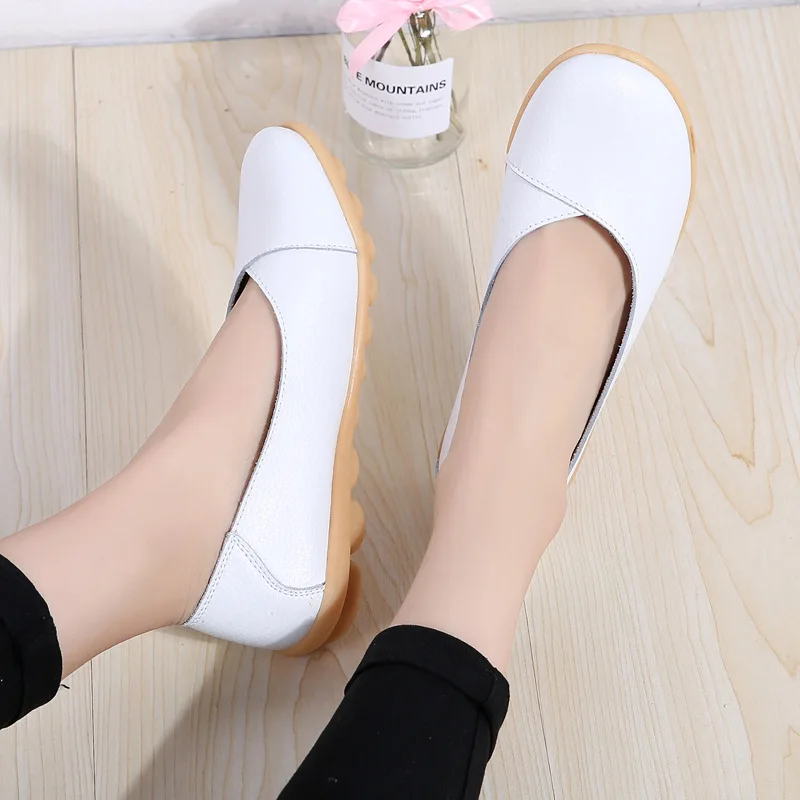 Women\'s Ladies Female Woman Shoes Flats Mother Shoes Cow Genuine Leather Loafers Ballerina Non Slip On Zapatillas Mujer Ballet