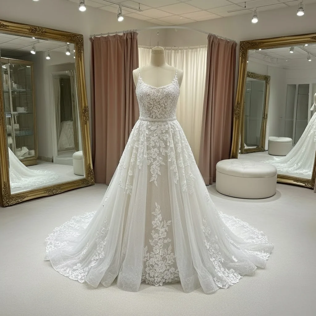 Detachable Train Wedding Dress with Thin Straps | Elegant Cathedral Long Bridal Gown for Bride | Plus Size Available