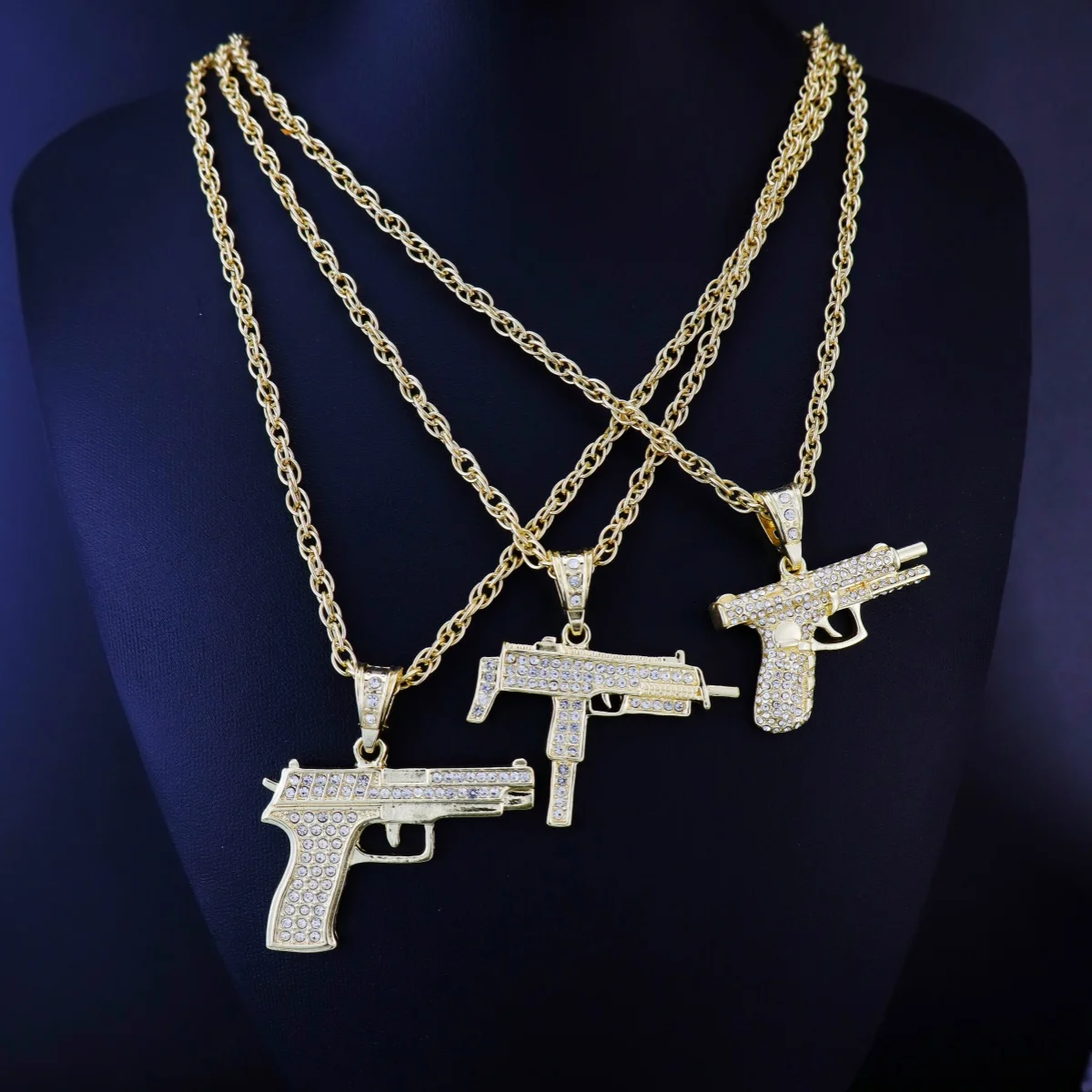 Men Rhinestone Gun Charm Necklace