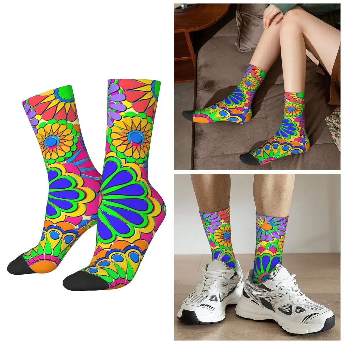 All Seasons Crew Stockings Bright Colorful Flower Power Hippy Retro Style Socks Harajuku Long Socks for Valentine's Day Gifts