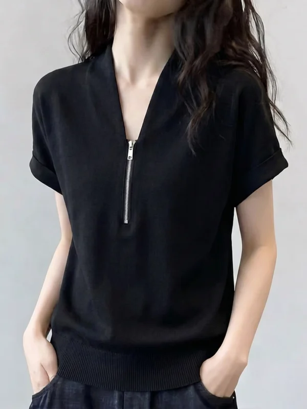 

Elegant V-Neck Short-Sleeve T-Shirt Women's Summer New plus Size Slimming Top Shoulder-Length Zipper European Style Half Zipper