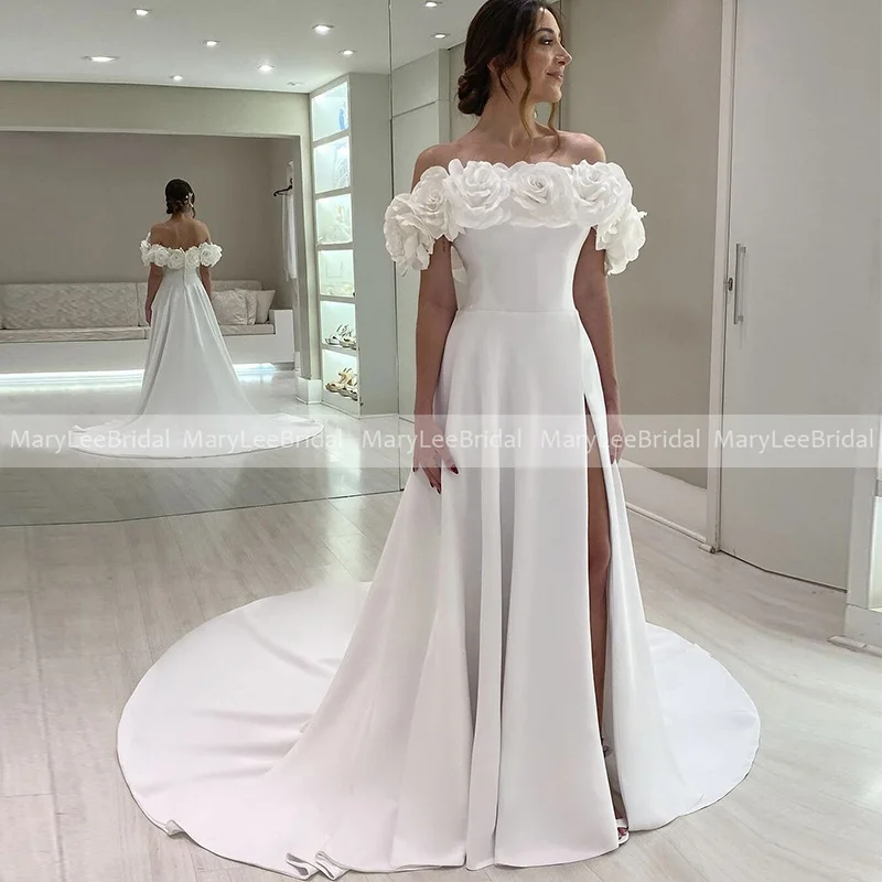 Vestido de novia con cuello de barco de hadas con flores hechas a mano, abertura frontal alta, vestidos de novia de crepé de línea a, Vestido de tren largo hecho a medida