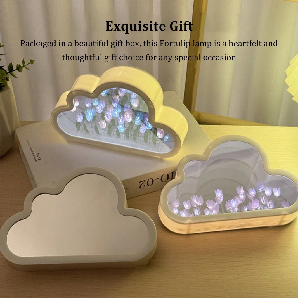 Lampu Malam Tulip Awan Buatan Tangan DIY Bahan Bunga Dekorasi Rumah Cermin Lampu Suasana Kreatif Hadiah Ulang Tahun Hari Valentine